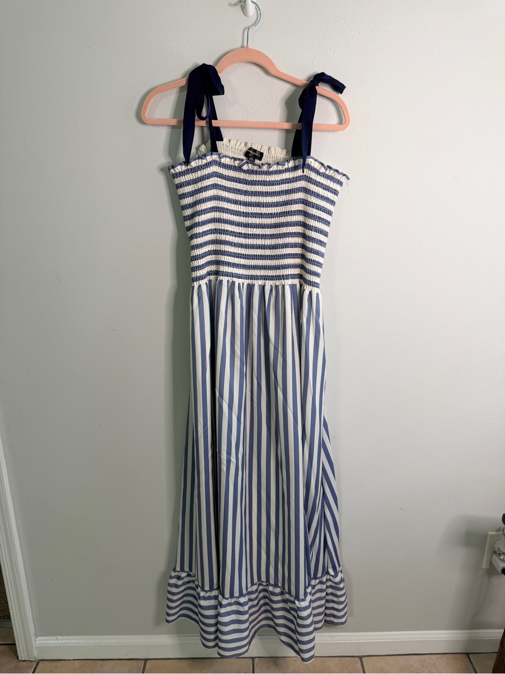 summersalt Blue and White Striped Midi Dress with Navy Tie Straps